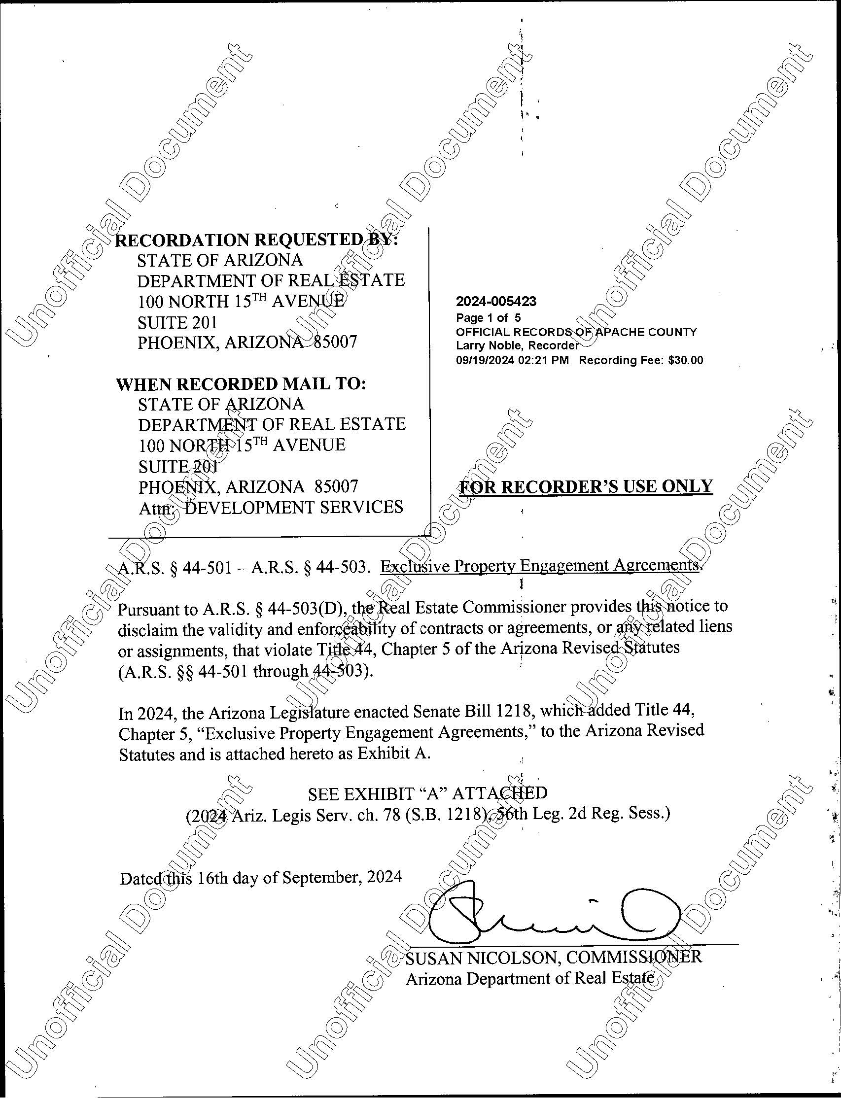 JPG of Page One of Apache County Recording on Exclusive Property Engagement Agreements