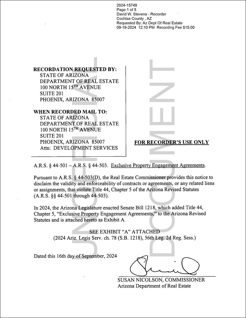 JPG of Page One of Cochise County Recording on Exclusive Property Engagement Agreements