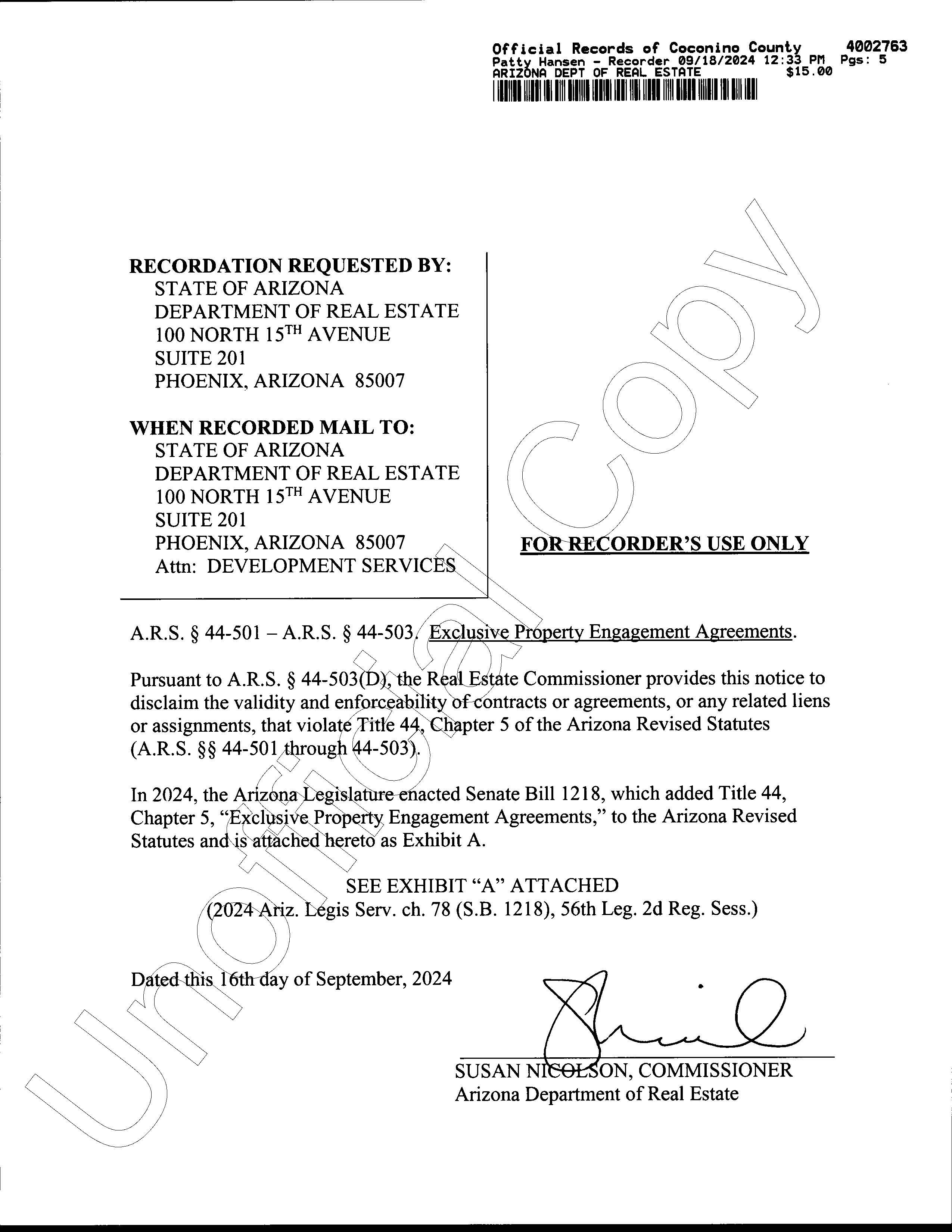 JPG of Page One of Coconino County Recording on Exclusive Property Engagement Agreements