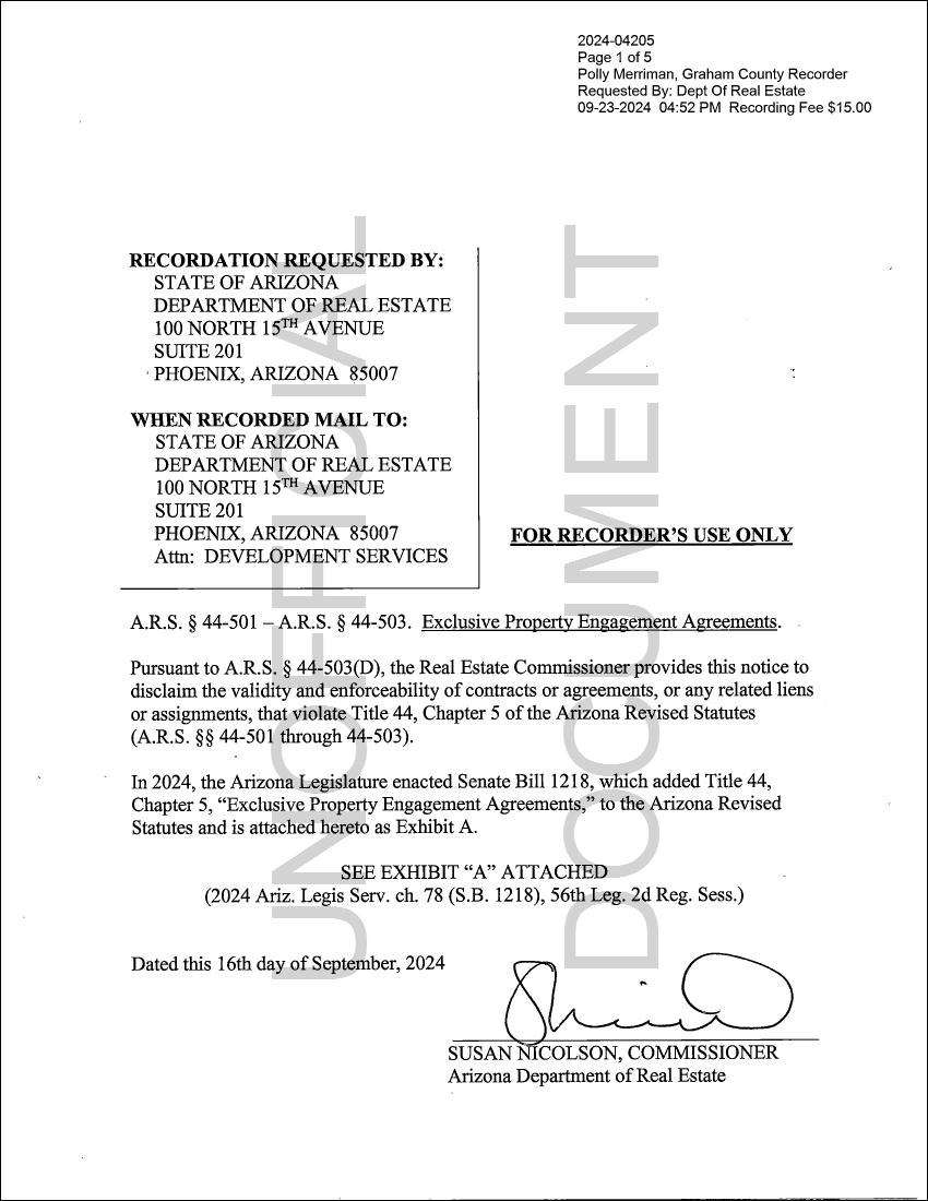 JPG of Page One of  Graham County Recording of Exclusive Property Engagement Agreements