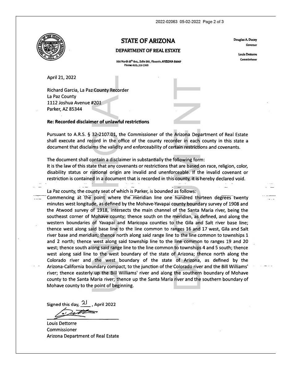 JPG of La Paz County Recorded Disclaimer of Unlawful Restrictions