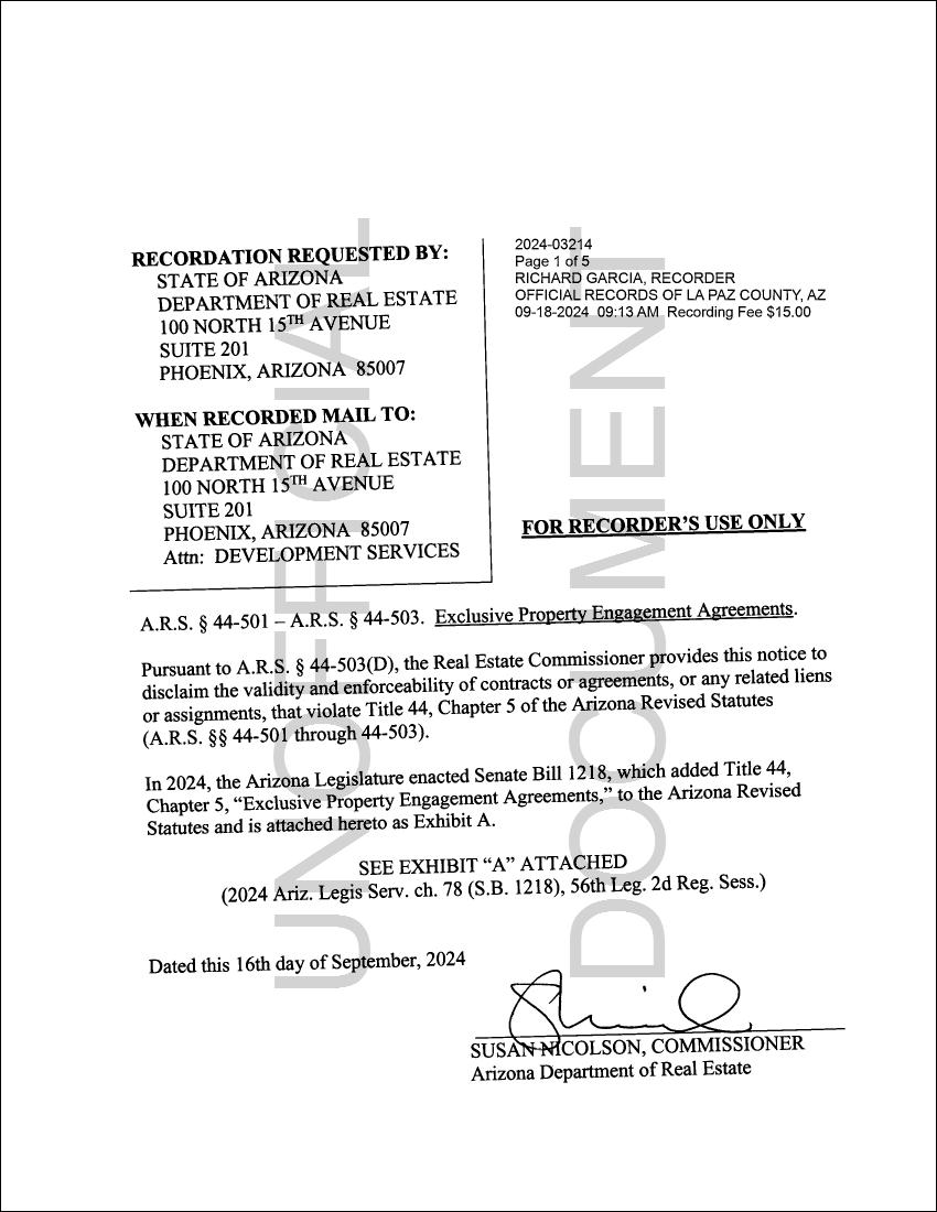 JPG of Page One of La Paz County Recording on Exclusive Property Engagement Agreements