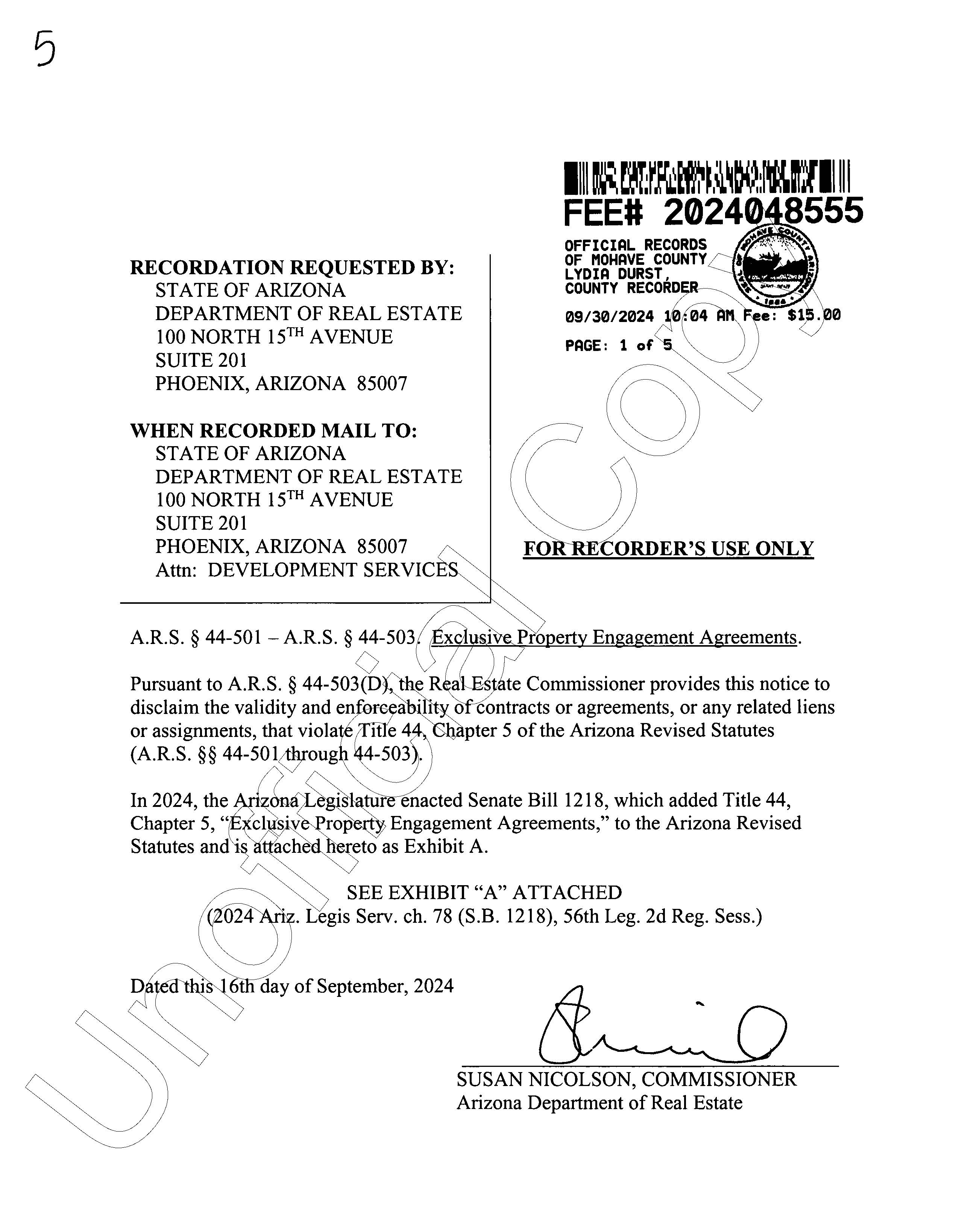 JPG of Page One of Mohave County Recording on Exclusive Property Engagement Agreements