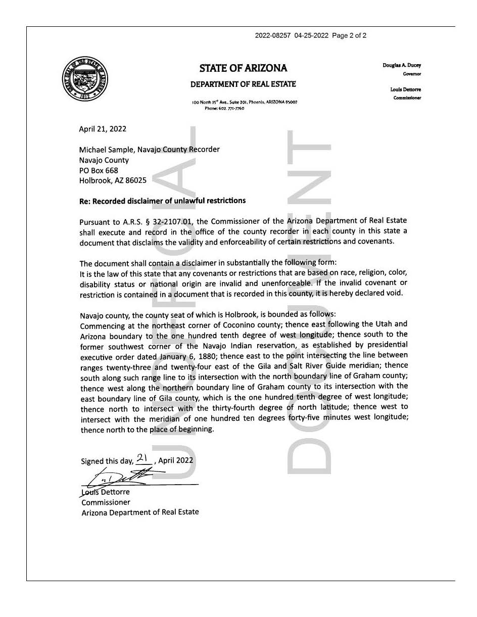 JPG of Navajo County Recorded Disclaimer of Unlawful Restrictions