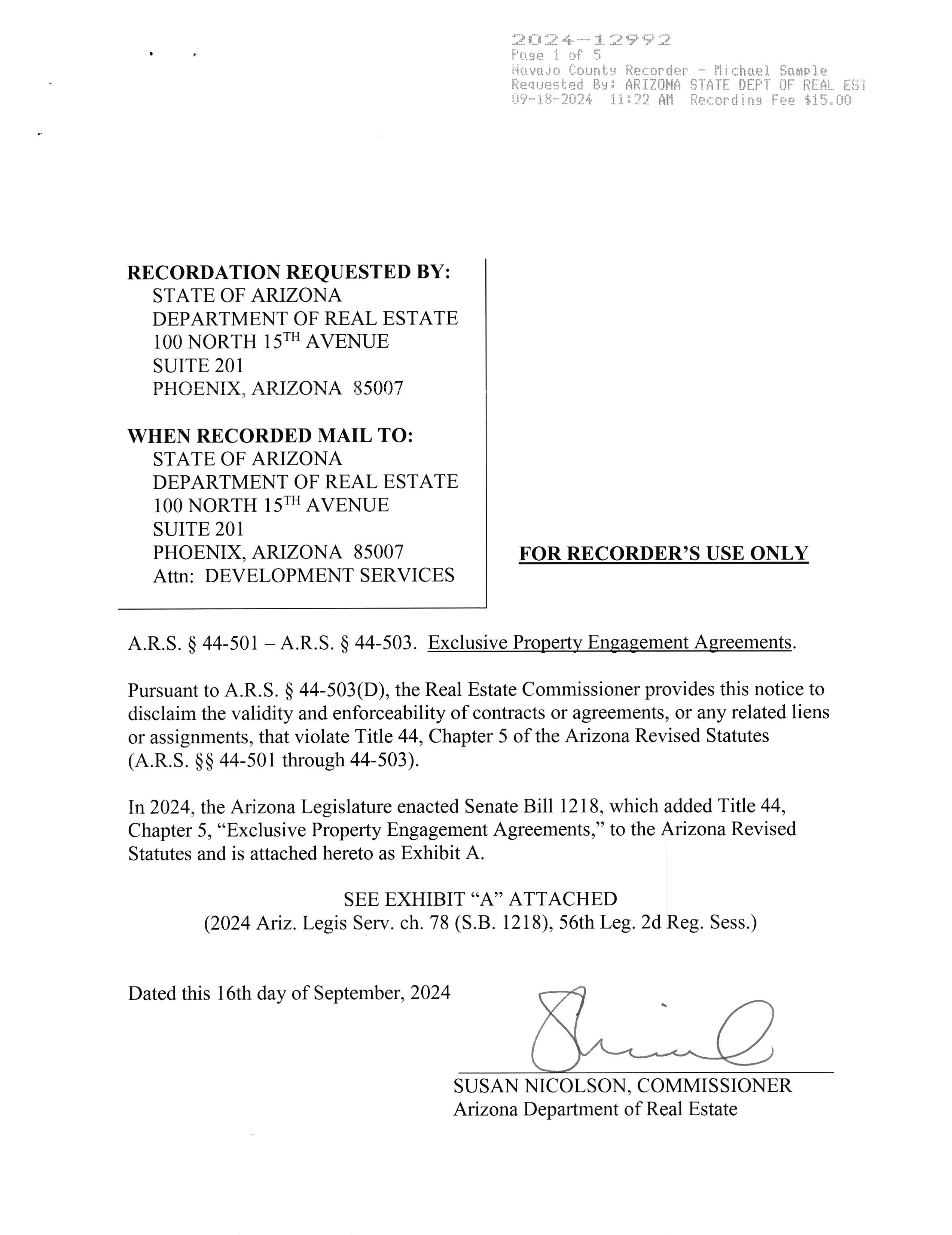 JPG of Page One of Navajo County Recording on Exclusive Property Engagement Agreements