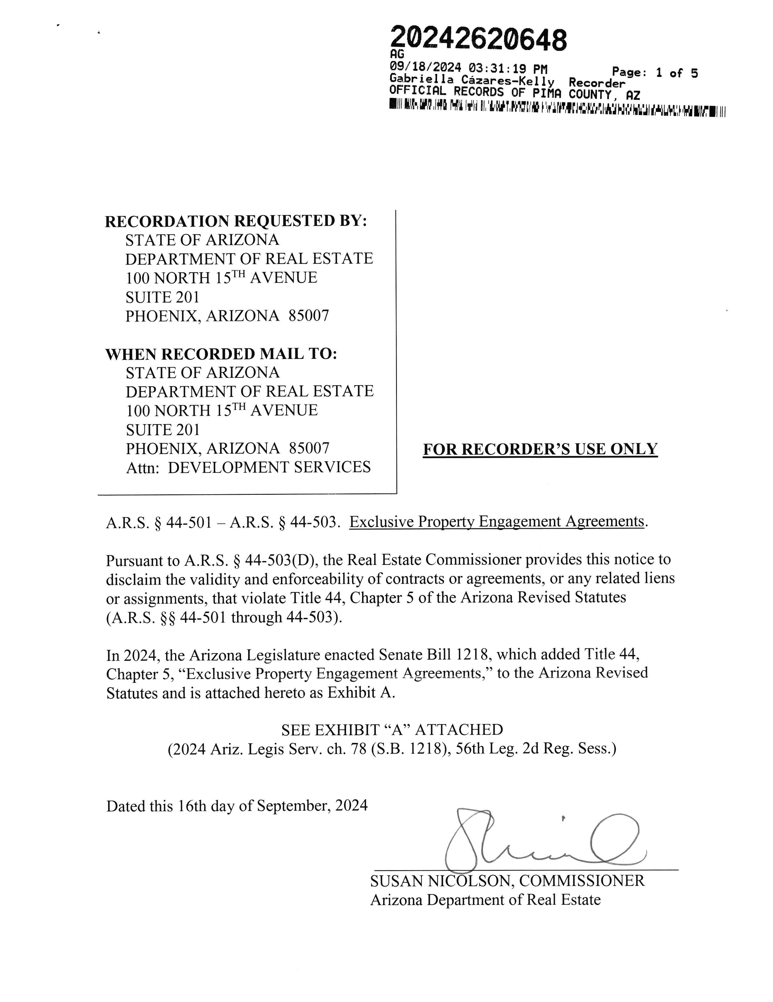 JPG of Page One of Pima County Recording on Exclusive Property Engagement Agreements