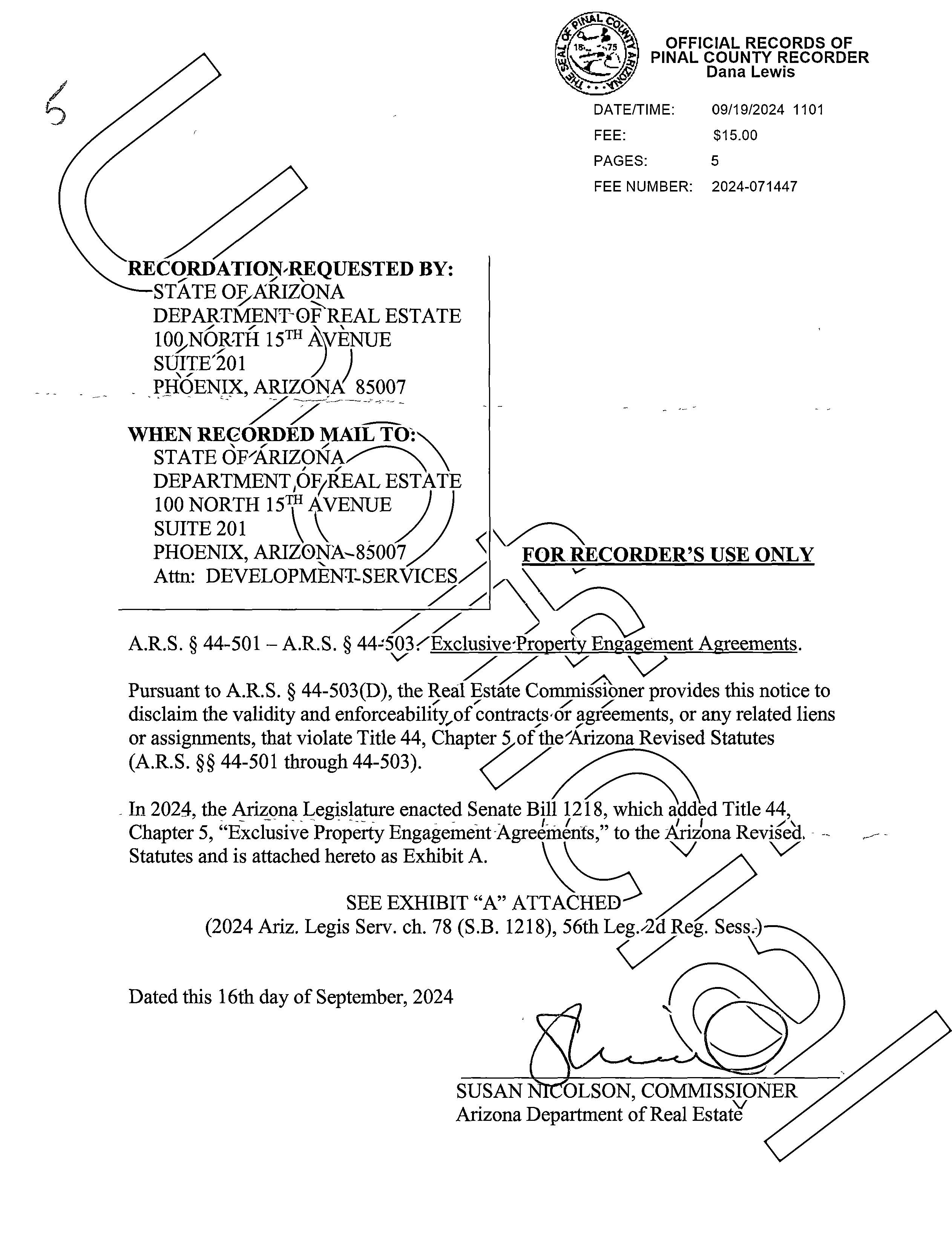 JPG of Page One of Pinal County Recording on Exclusive Property Engagement Agreements