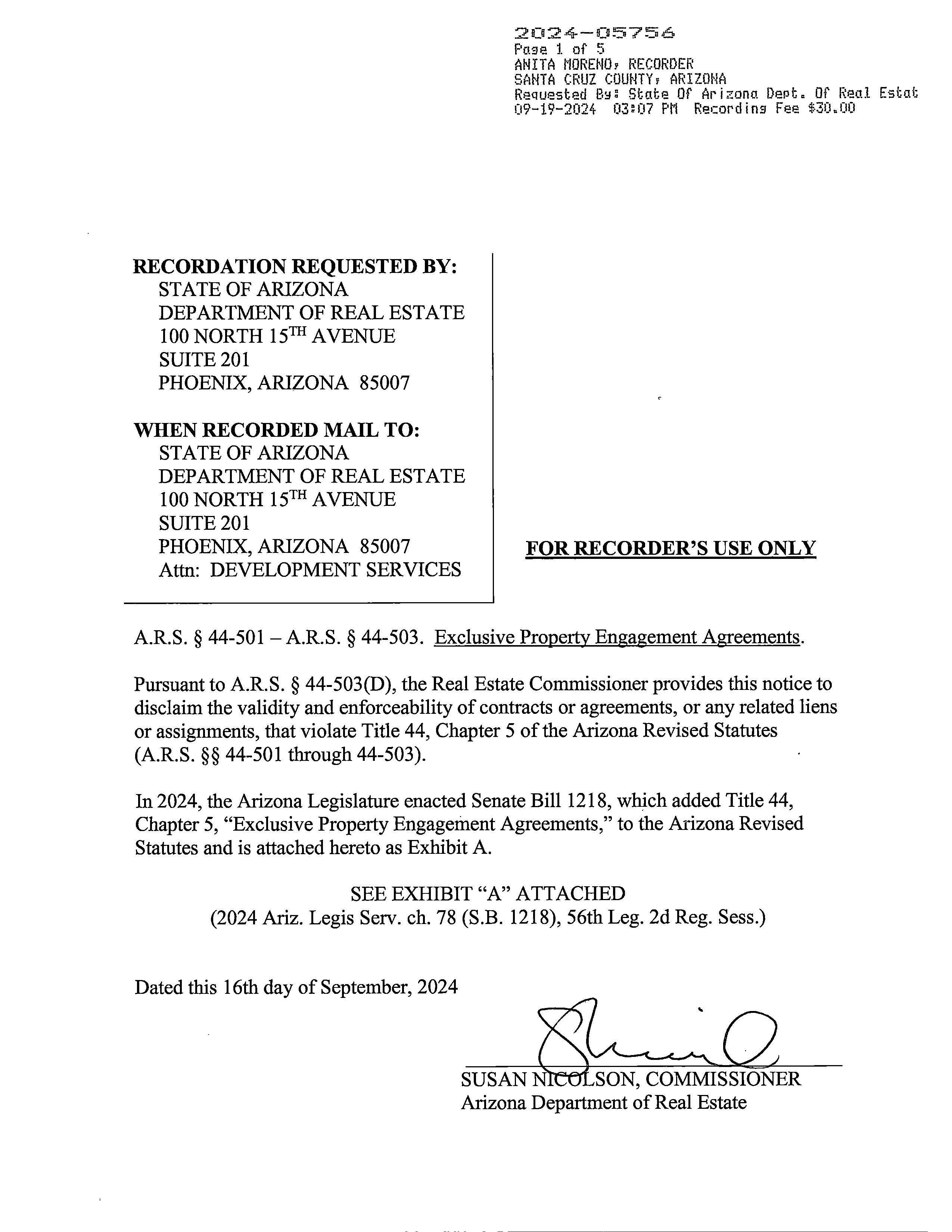 JPG of Page One of Santa Cruz County Recording on Exclusive Property Engagement Agreements