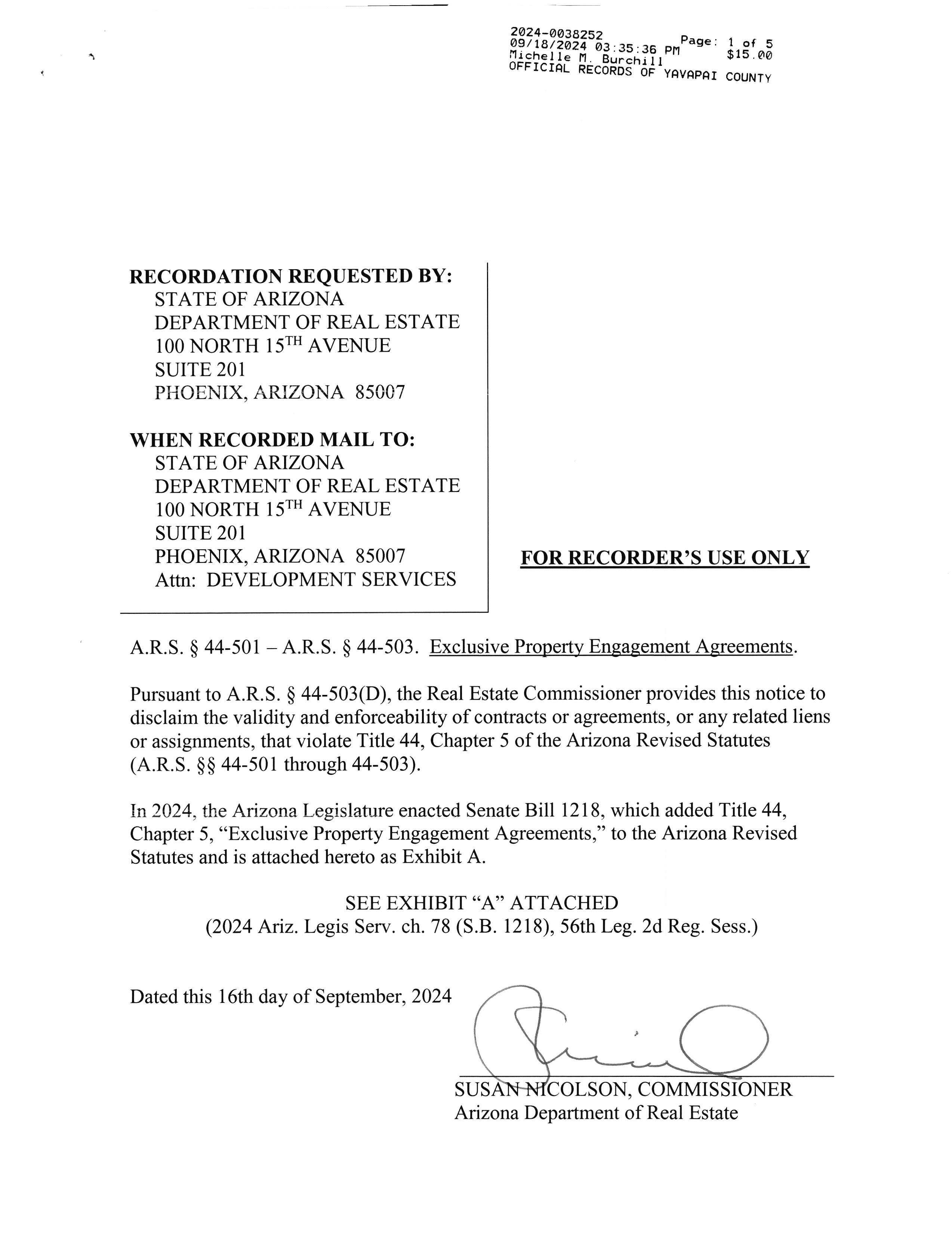 JPG of Page one of Yavapai County Recording on Exclusive Property Engagement Agreements