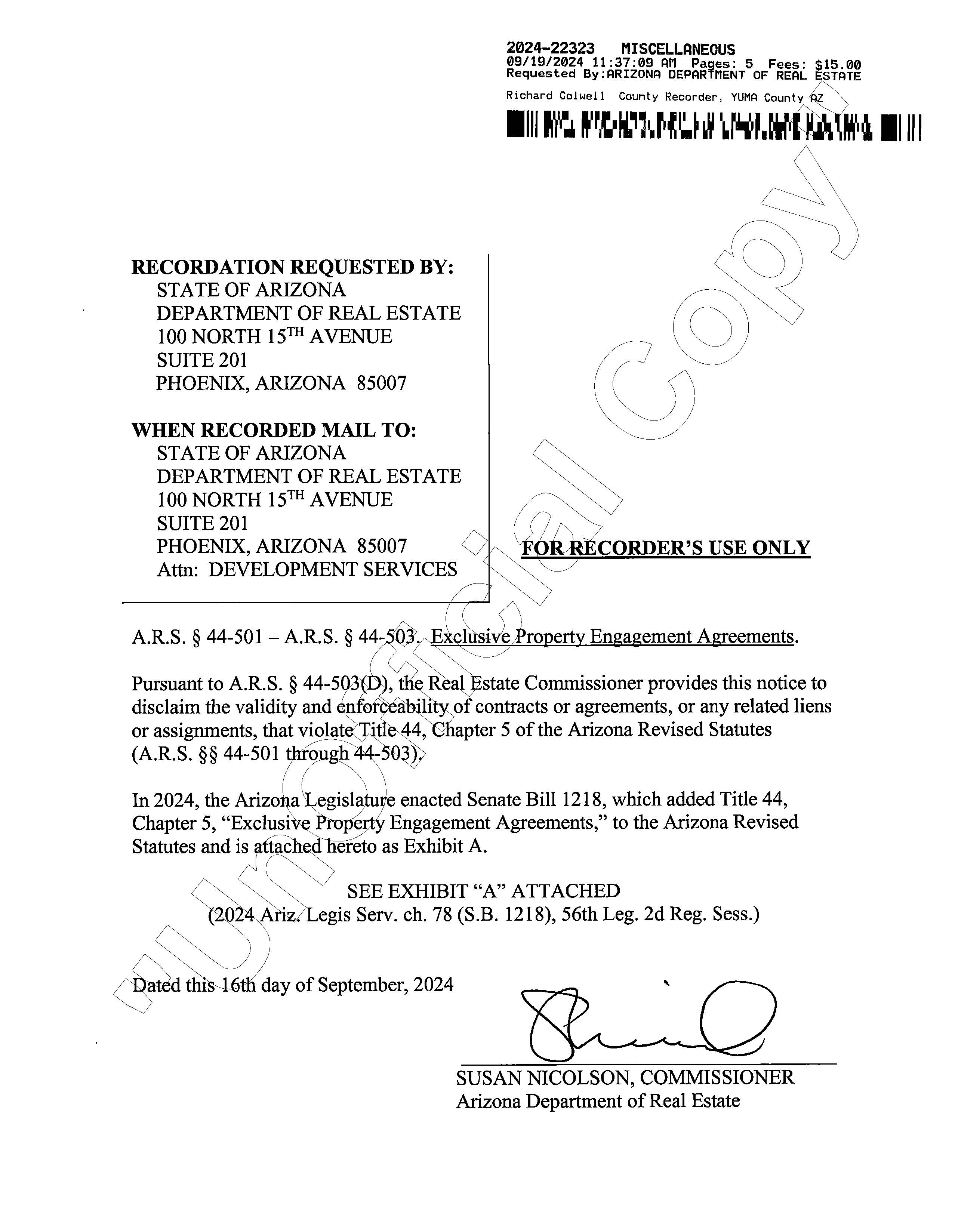 JPG of Page One of Yuma County Recording on Exclusive Property Engagement Agreements